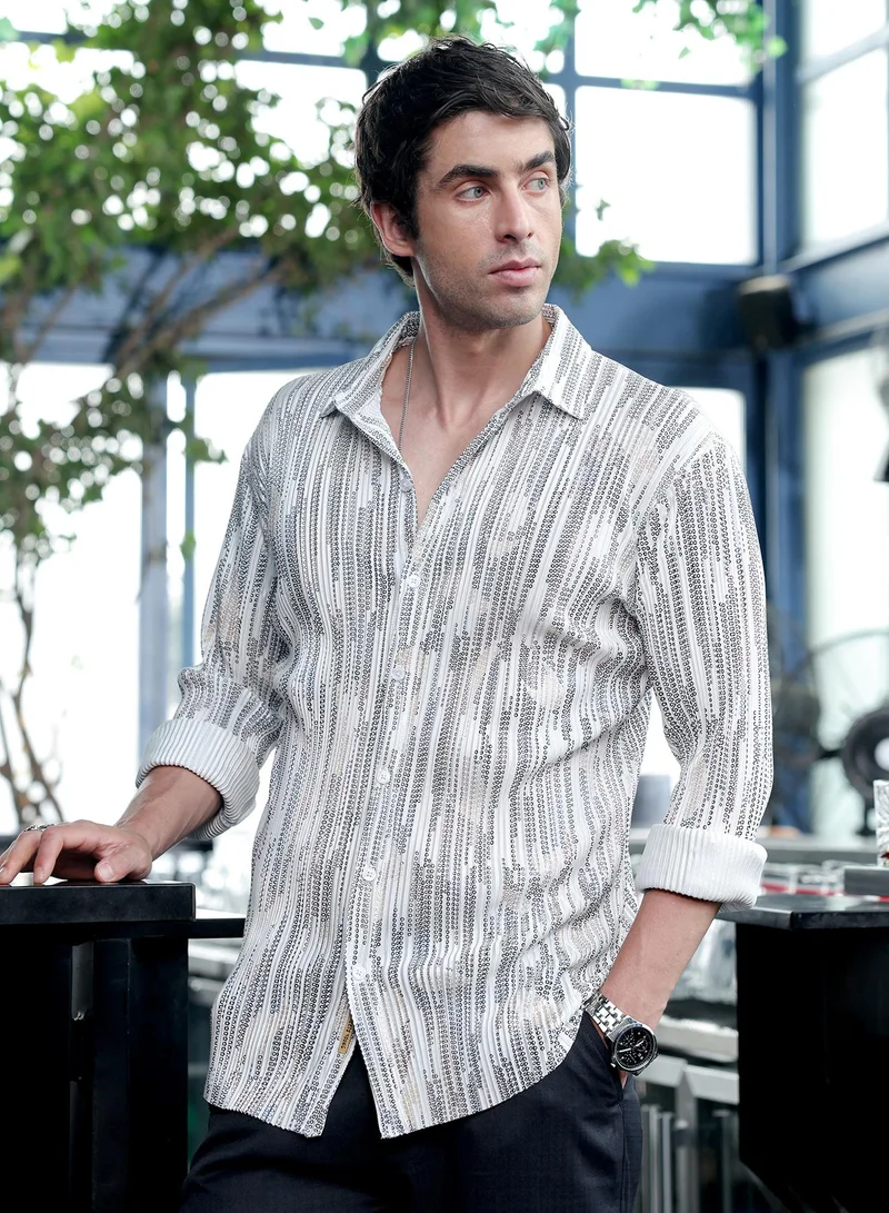 Campus Sutra Men Prismic-Orb Shirt | Spread Collar, Long Button-Cuff Sleeves | Button , Curved Hem | Geometric Print Pleated | Woven Fabric For Casual & Evening Wear | Ivory White