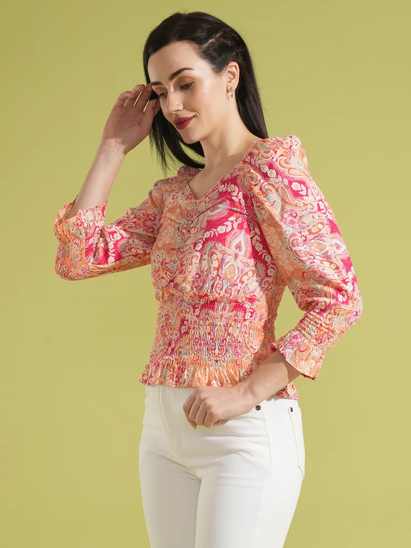 globus Women Floral Printed Sweetheart Neck Top