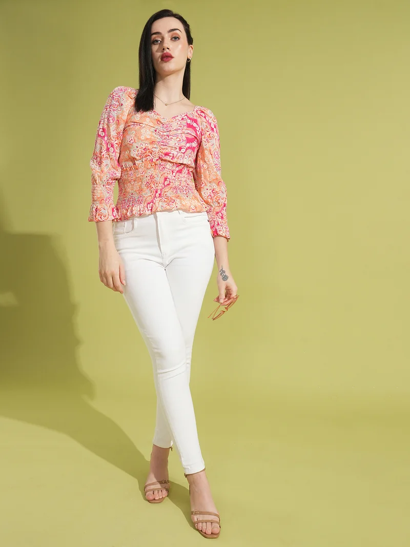 globus Women Floral Printed Sweetheart Neck Top