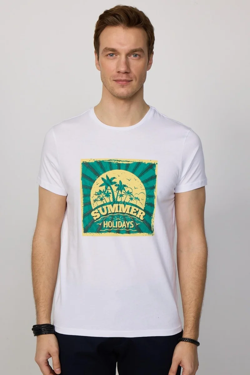Tudors Men's Crew Neck Slim Fit Cotton White Printed T-Shirt