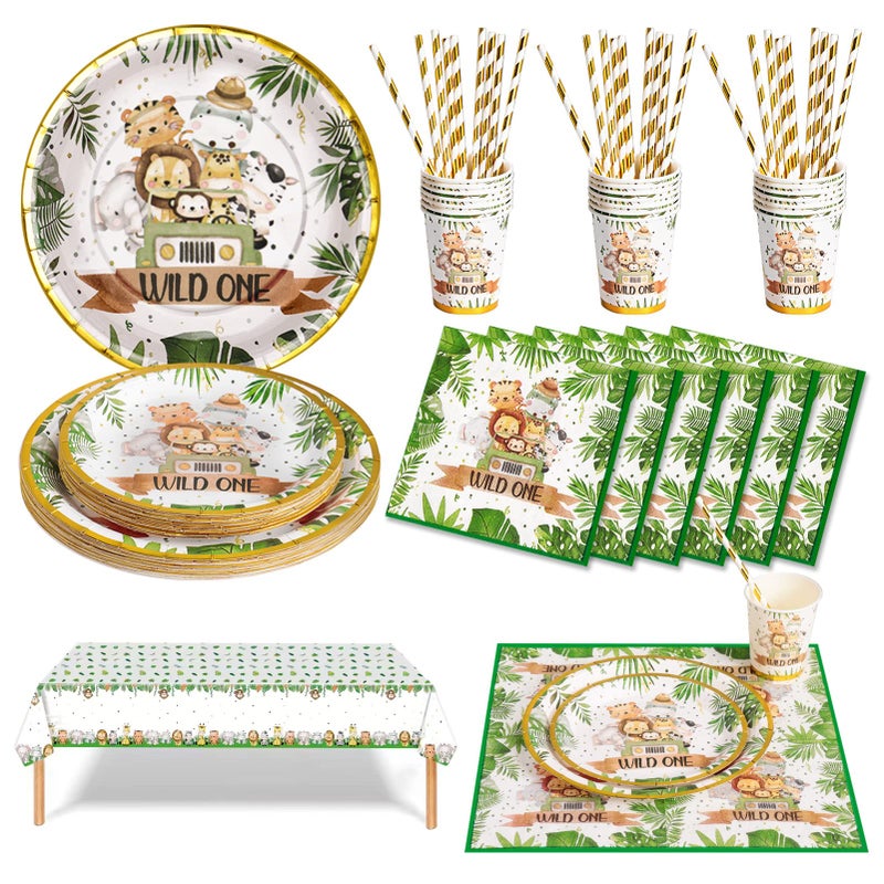 Nkaiso Jungle Safari Party Tableware Set Kids Birthday Supplies 126 pcs Paper Plates and Napkins Cups Baby Shower Dinnerware for 25 Guests CJ01