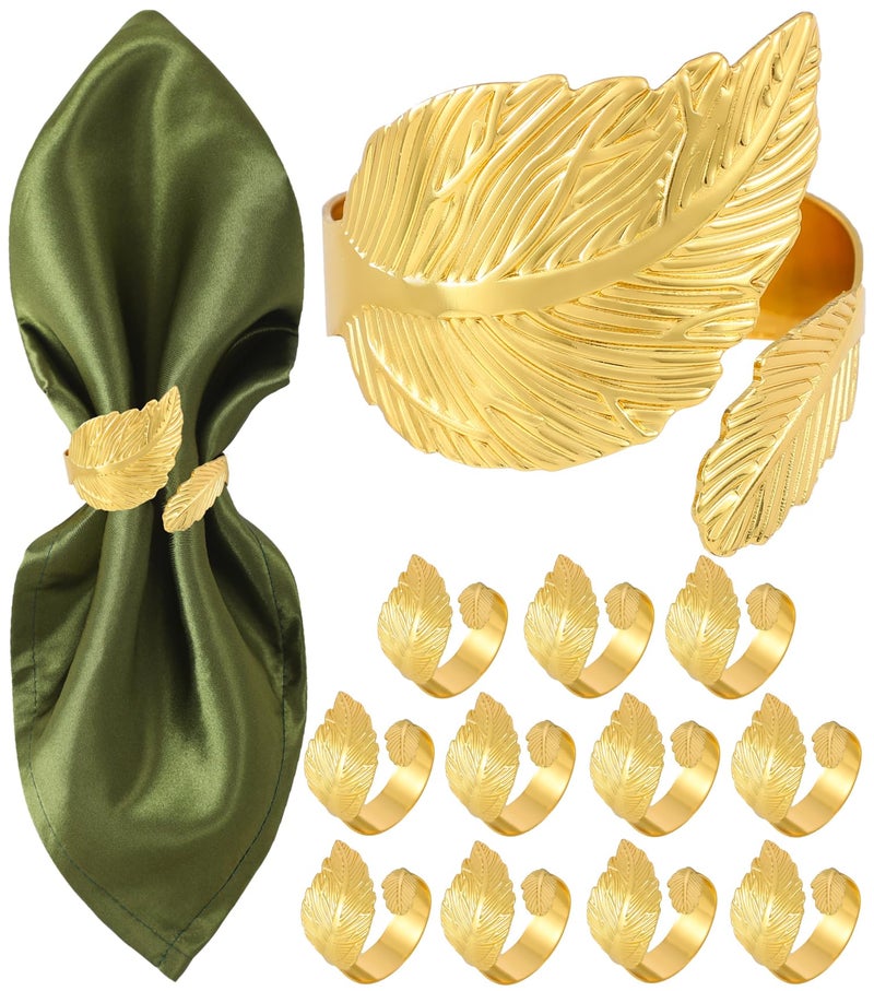 MONKKINO Napkin Rings Set of 12, Shiny Gold Napkin Rings, Smooth, Easy Care, Solid Metal Laurel Leaf Shaped Elegant Table Decor, Stylish Napkin Ring Bulk for Holidays Wedding, Party, New Homes Gift - Image 1