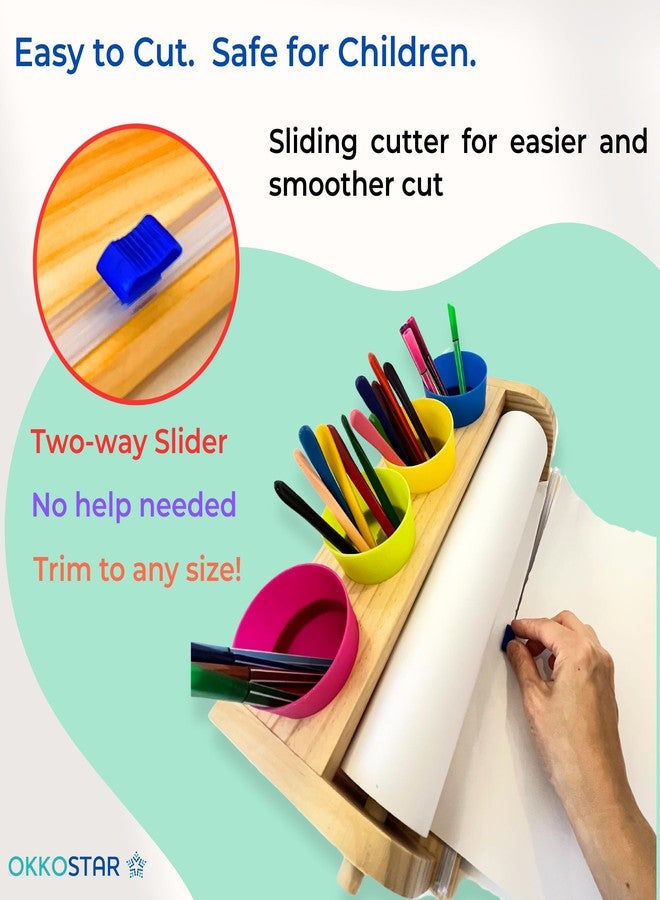 OKKOSTAR Wooden Tabletop Paper Roll Dispenser with Safety Sliding Cutter - Kids Art Easel with Roll of Paper (11.4”x 98.4ft)- Pencil Cups and Drawing Kit 30 Piece Set (Safety Sliding Cutter) - Image 4