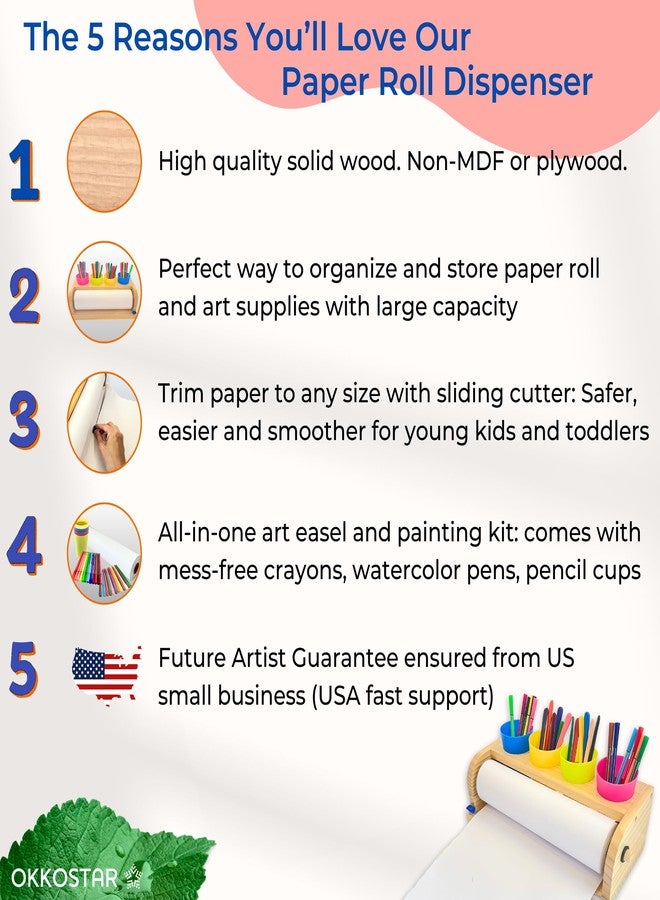 OKKOSTAR Wooden Tabletop Paper Roll Dispenser with Safety Sliding Cutter - Kids Art Easel with Roll of Paper (11.4”x 98.4ft)- Pencil Cups and Drawing Kit 30 Piece Set (Safety Sliding Cutter) - Image 3