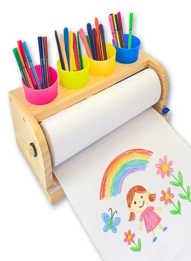 OKKOSTAR Wooden Tabletop Paper Roll Dispenser with Safety Sliding Cutter - Kids Art Easel with Roll of Paper (11.4”x 98.4ft)- Pencil Cups and Drawing Kit 30 Piece Set (Safety Sliding Cutter) - Image 1
