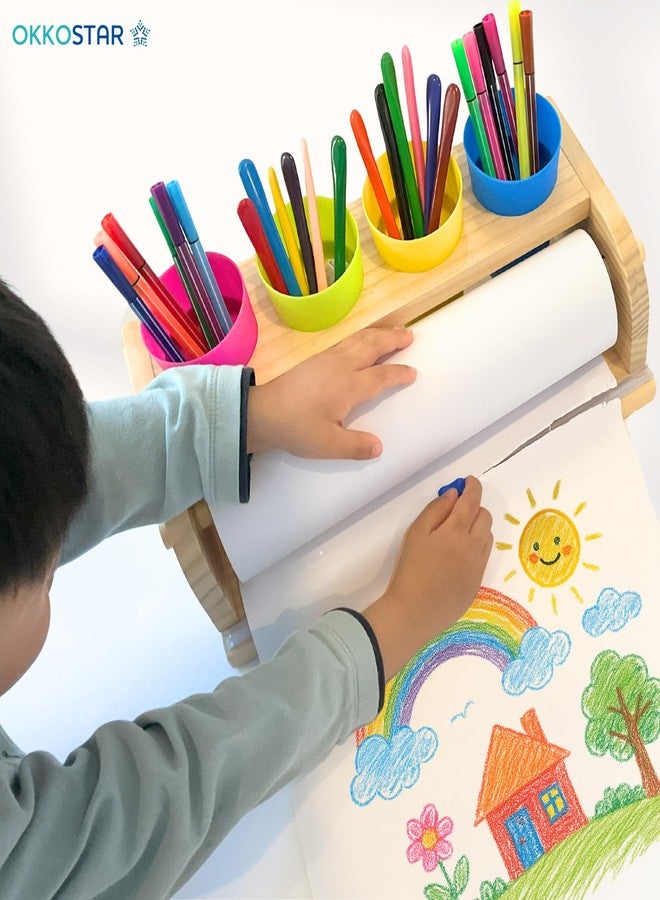OKKOSTAR Wooden Tabletop Paper Roll Dispenser with Safety Sliding Cutter - Kids Art Easel with Roll of Paper (11.4”x 98.4ft)- Pencil Cups and Drawing Kit 30 Piece Set (Safety Sliding Cutter) - Image 2