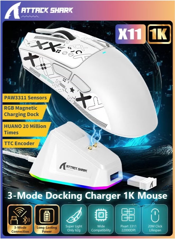 Attack Shark X11 Tri-mode Bluetooth Wireless Gaming Mouse with with Magnetic Charging Dock, Lightweight Anti Slip Mouse, PixArt PAW3311 Sensor, 22K DPI, BT/2.4Ghz/Wired, for PC/MAC  - Image 1
