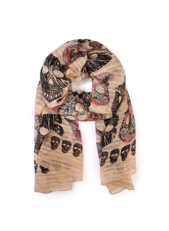 MYS Collection - Bohemian Sugar Skull Print Scarf Shawl Wrap Lightweight Colorful Calavera Women'S Oblong Infinity Circle Wrap Scarves (Oblong Beige) - Image 1