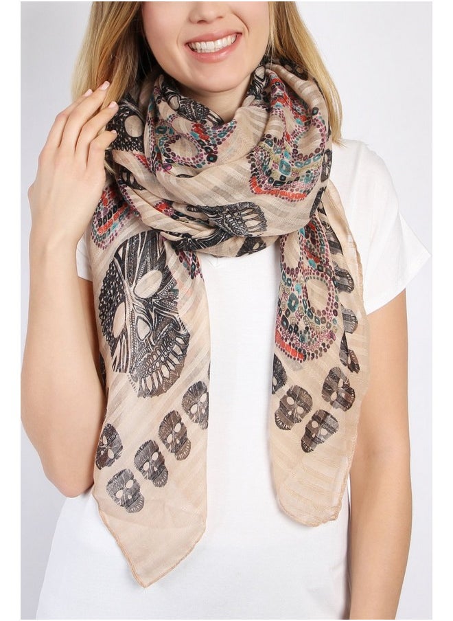 MYS Collection - Bohemian Sugar Skull Print Scarf Shawl Wrap Lightweight Colorful Calavera Women'S Oblong Infinity Circle Wrap Scarves (Oblong Beige) - Image 1