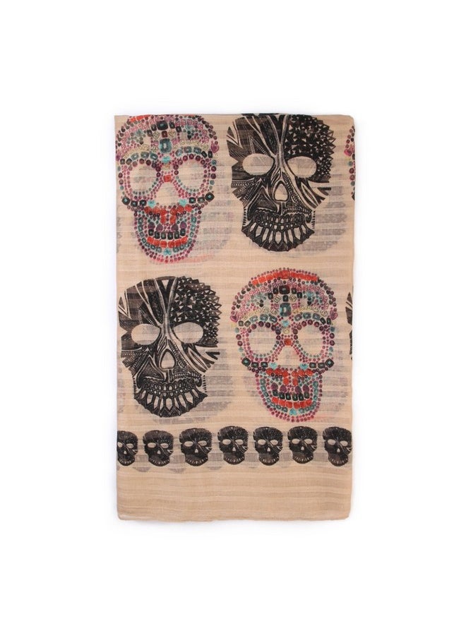 MYS Collection - Bohemian Sugar Skull Print Scarf Shawl Wrap Lightweight Colorful Calavera Women'S Oblong Infinity Circle Wrap Scarves (Oblong Beige) - Image 1
