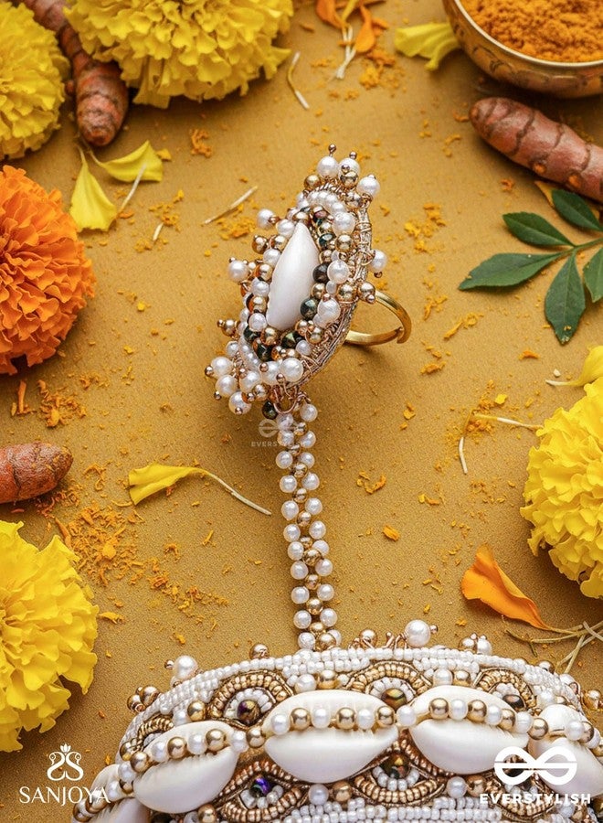 SANJOYA BY EVERSTYLISH Vivriddhi Stream Of Prosperity Shells, Beads, Glass And Pearl Drops Hand Embroidered Haathphool Lightweight Jewelry For Women | Party, Festive, Wedding & Gifting - Image 4