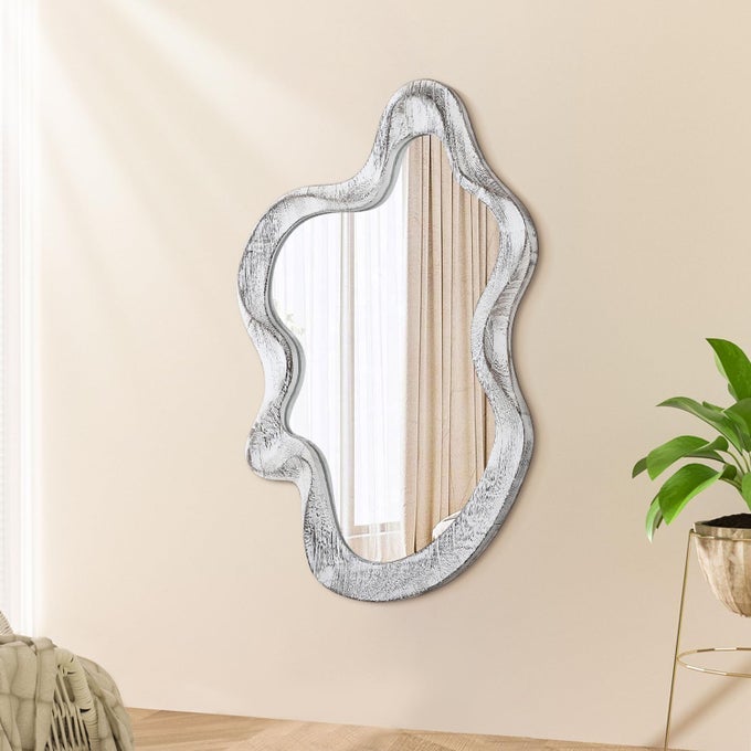 ASYMMETRICAL MIRROR WOOD FRAME IRREGULAR WALL MIRRORS UNIQUE SHAPE WALL MOUNTED MODERN ARTISTIC CLOUD MIRROR DECORATIVE FOR LIVING ROOM BEDROOM CLOAKROOM BATHROOM ENTRYWAY HALLWAY WHITE