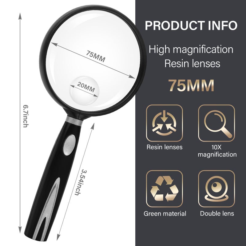 Feosky Handheld Reading Magnifier, 10X Magnifier, 75mm Shatterproof Lens, Non-Slip Handle for Adults Close Work, Seniors Reading and Nature Exploration, Hobby Observation(Silver) - Image 2