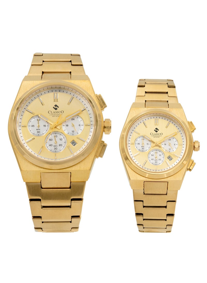 Clasico Eclipse Couple Edition – Gold Radiance – 6-Hands Chronograph Watch with Steel Strap – Waterproof Design – Watch Gift Set 40mm & 32mm  - Image 1