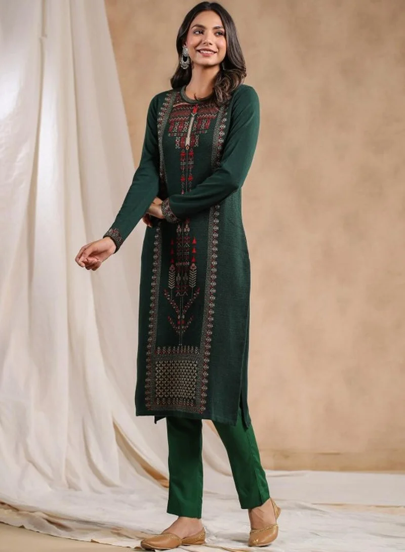 Ishin Green Women's Ethnic WearGREEN STRAIGHT POLY KURTA for Women | Best Price UAE