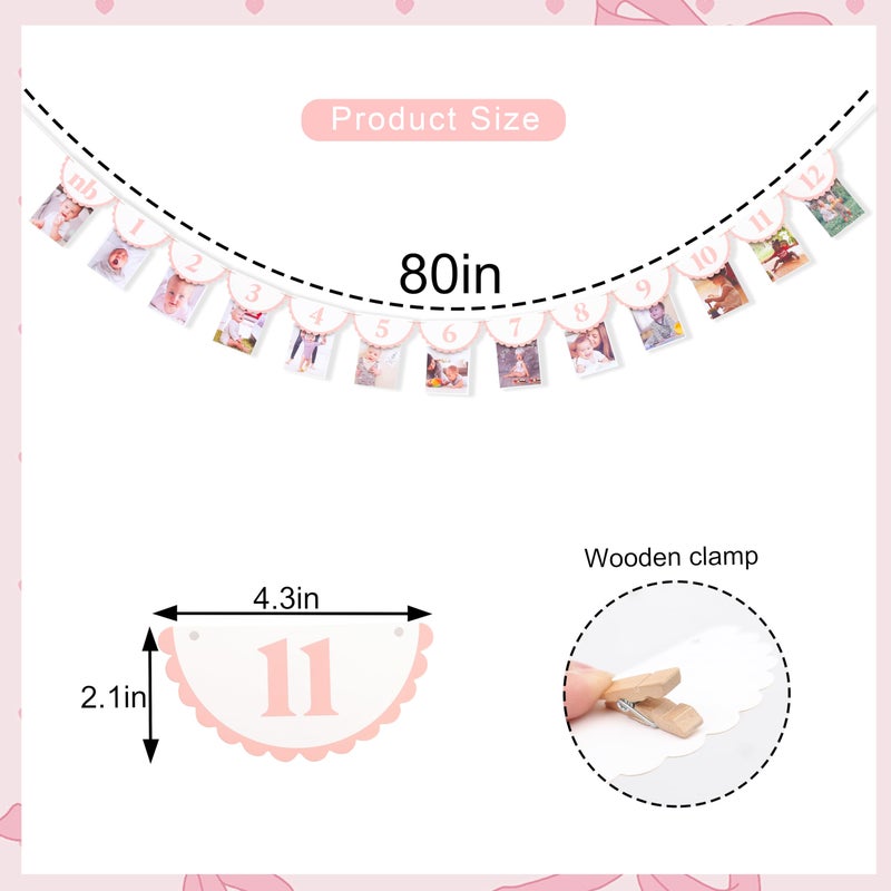 HIKLO Pink Monthly Milestone Photo Banner - Baby Girl First Year Photo Banner, Pink 1st Birthday Party Decoration for Girl, Newborn to 12 Months Photo Garland, Girl Birthday Cake Smash Photo Props Backdrop - Image 2