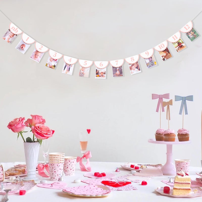 HIKLO Pink Monthly Milestone Photo Banner - Baby Girl First Year Photo Banner, Pink 1st Birthday Party Decoration for Girl, Newborn to 12 Months Photo Garland, Girl Birthday Cake Smash Photo Props Backdrop - Image 5