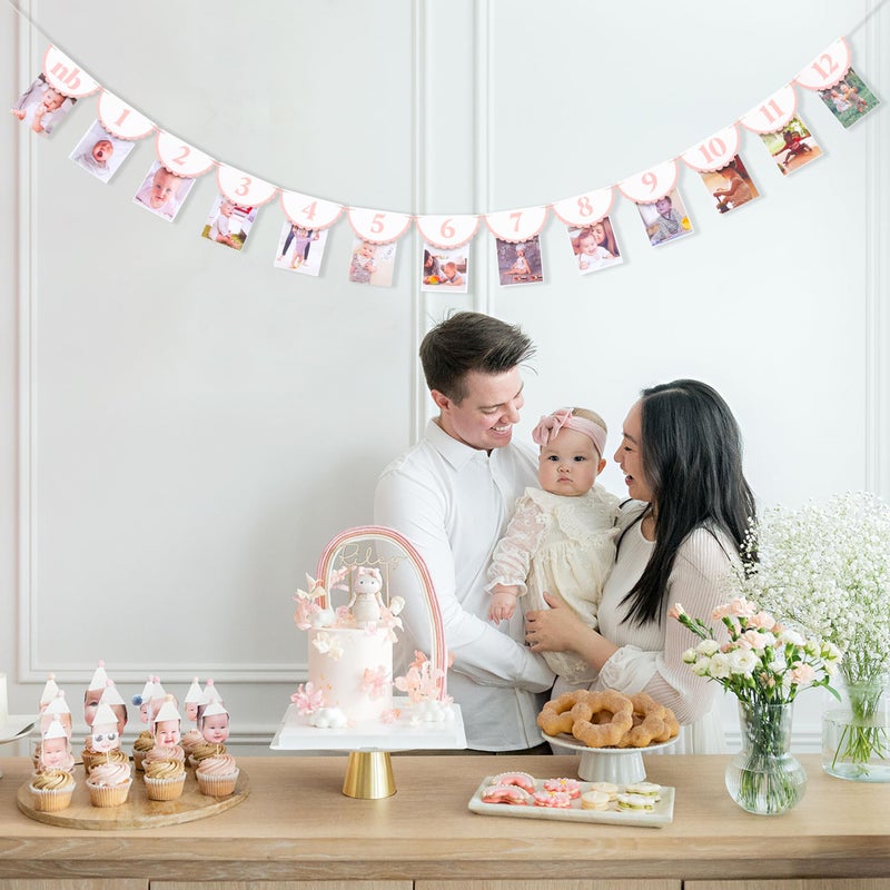 HIKLO Pink Monthly Milestone Photo Banner - Baby Girl First Year Photo Banner, Pink 1st Birthday Party Decoration for Girl, Newborn to 12 Months Photo Garland, Girl Birthday Cake Smash Photo Props Backdrop - Image 4