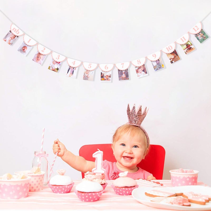 HIKLO Pink Monthly Milestone Photo Banner - Baby Girl First Year Photo Banner, Pink 1st Birthday Party Decoration for Girl, Newborn to 12 Months Photo Garland, Girl Birthday Cake Smash Photo Props Backdrop - Image 3