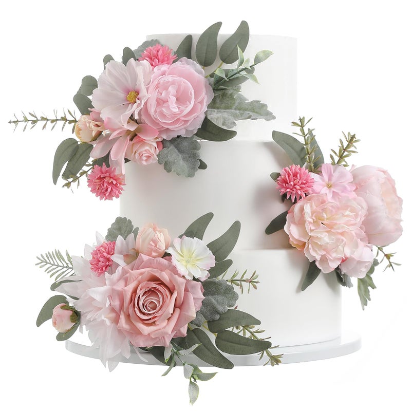 Serra Flora 3Pcs Pre-Made Silk Flowers Cake Topper Wedding Artificial Flowers Decor Blusher Pink Flowers Cake Decorations For Girl Sweet Weddings Boho Party Supplies. - Image 1