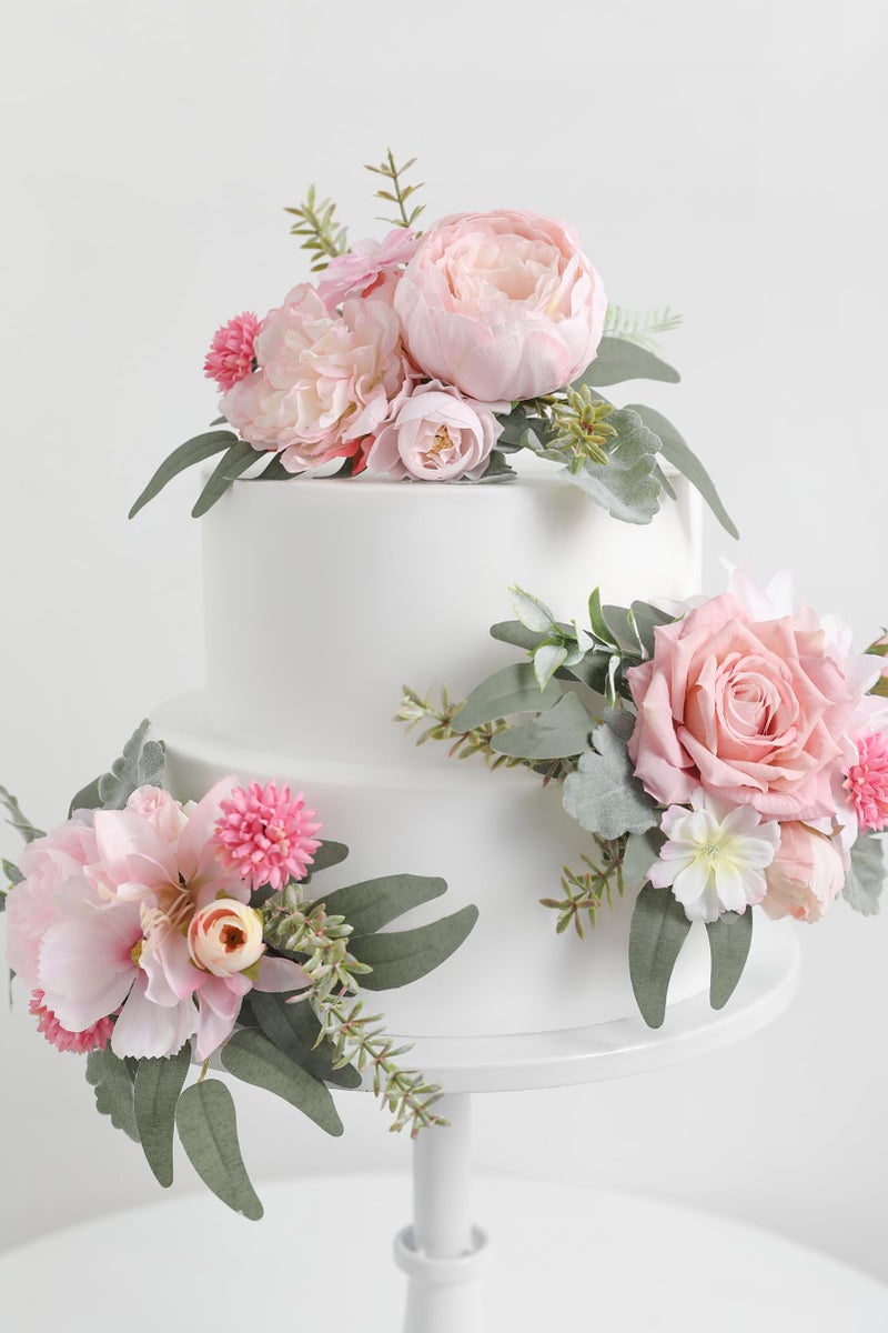 Serra Flora 3Pcs Pre-Made Silk Flowers Cake Topper Wedding Artificial Flowers Decor Blusher Pink Flowers Cake Decorations For Girl Sweet Weddings Boho Party Supplies. - Image 2
