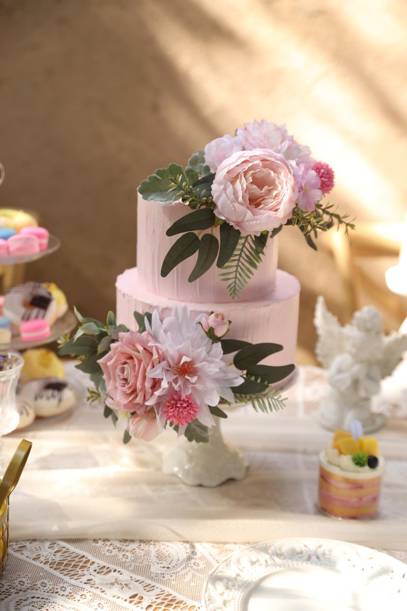 Serra Flora 3Pcs Pre-Made Silk Flowers Cake Topper Wedding Artificial Flowers Decor Blusher Pink Flowers Cake Decorations For Girl Sweet Weddings Boho Party Supplies. - Image 3