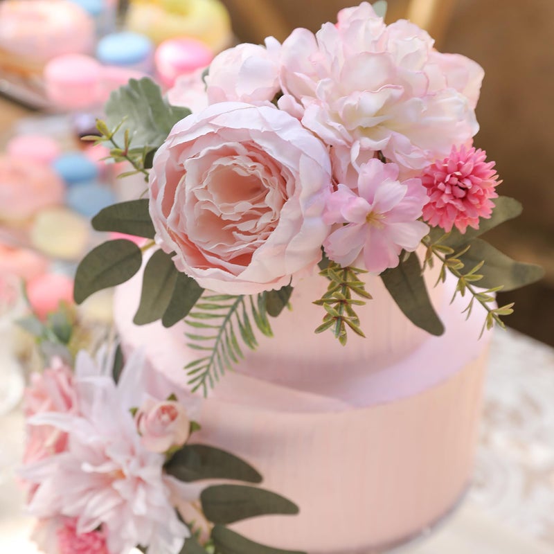 Serra Flora 3Pcs Pre-Made Silk Flowers Cake Topper Wedding Artificial Flowers Decor Blusher Pink Flowers Cake Decorations For Girl Sweet Weddings Boho Party Supplies. - Image 4