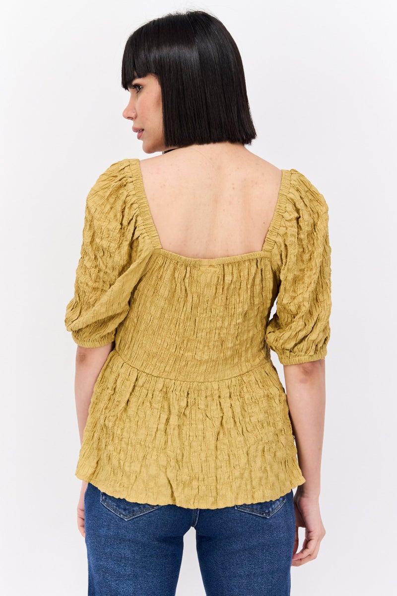 Vila Women V Neck Short Sleeve Textured Blouse, Yellow - Image 2