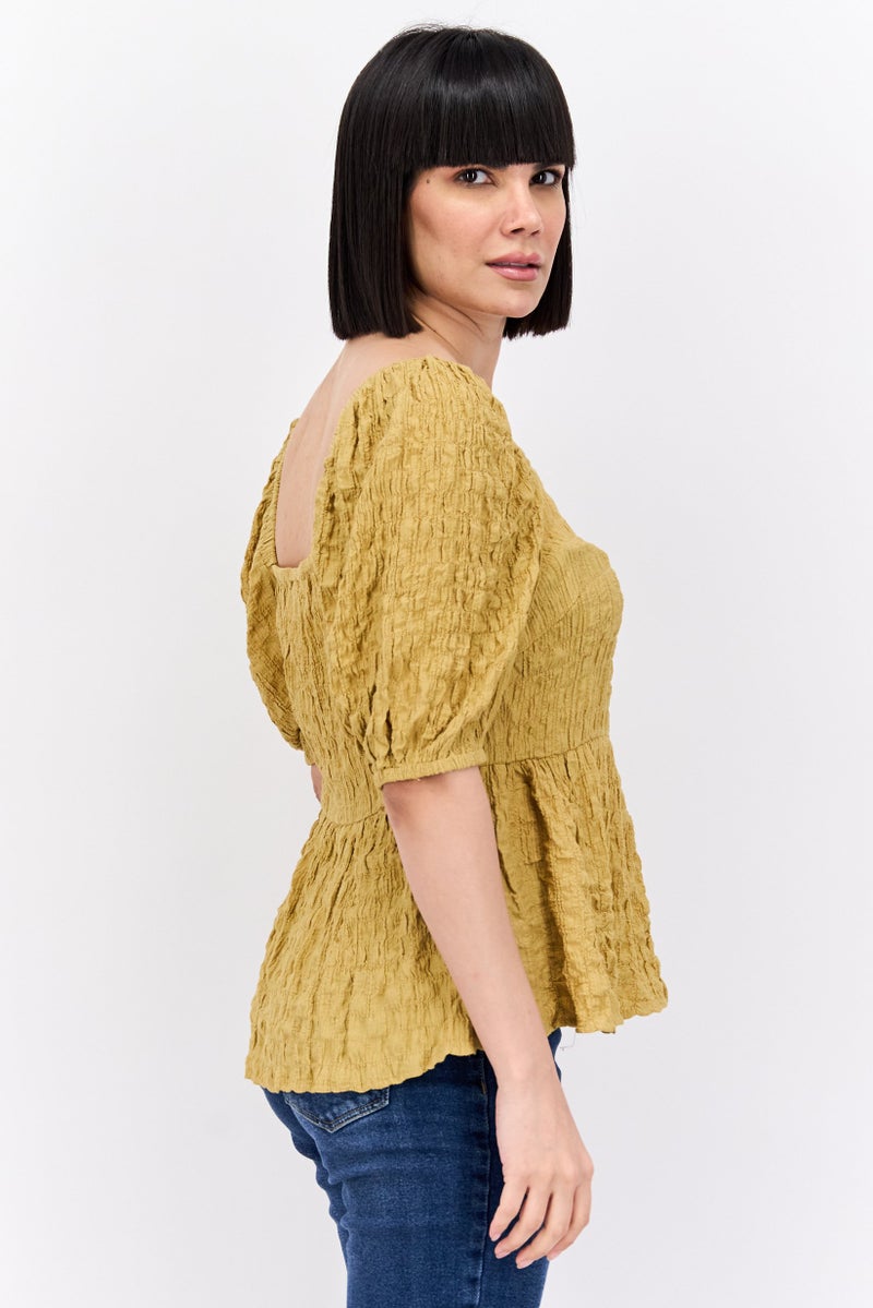 Vila Women V Neck Short Sleeve Textured Blouse, Yellow - Image 4