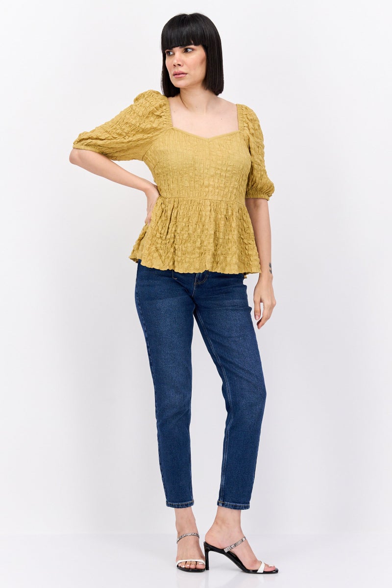 Vila Women V Neck Short Sleeve Textured Blouse, Yellow - Image 3