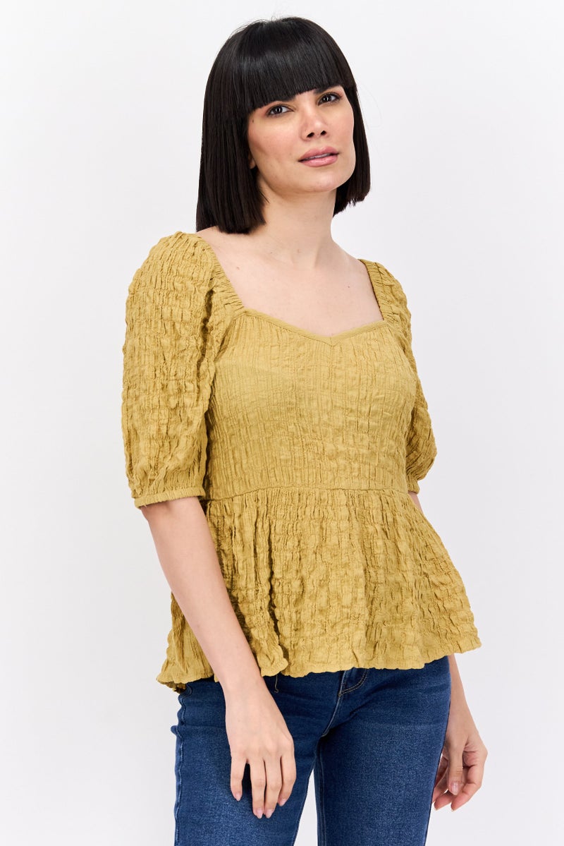 Vila Women V Neck Short Sleeve Textured Blouse, Yellow - Image 1