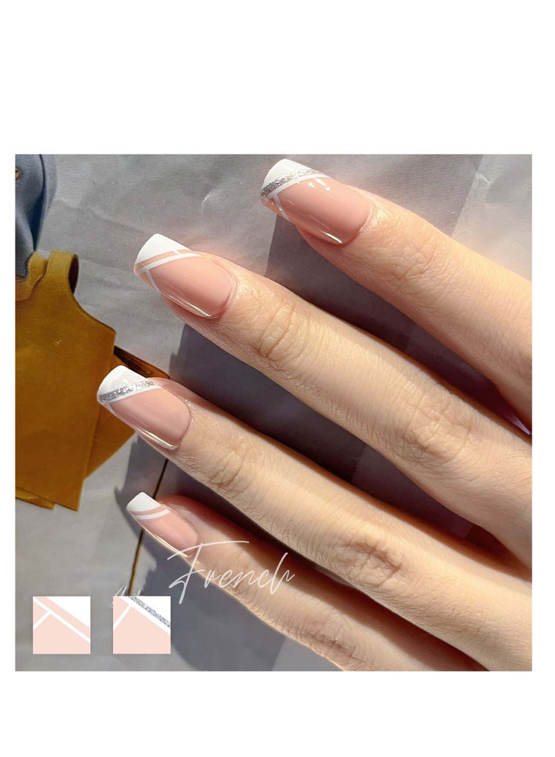 SYOSI Press on Nails, 24 Pcs Short French Pink Square Glossy False Nails Full Cover Sticks on Nails Medium Acrylic Nails Art Tips Salon Nude Manicure for Women - Image 2