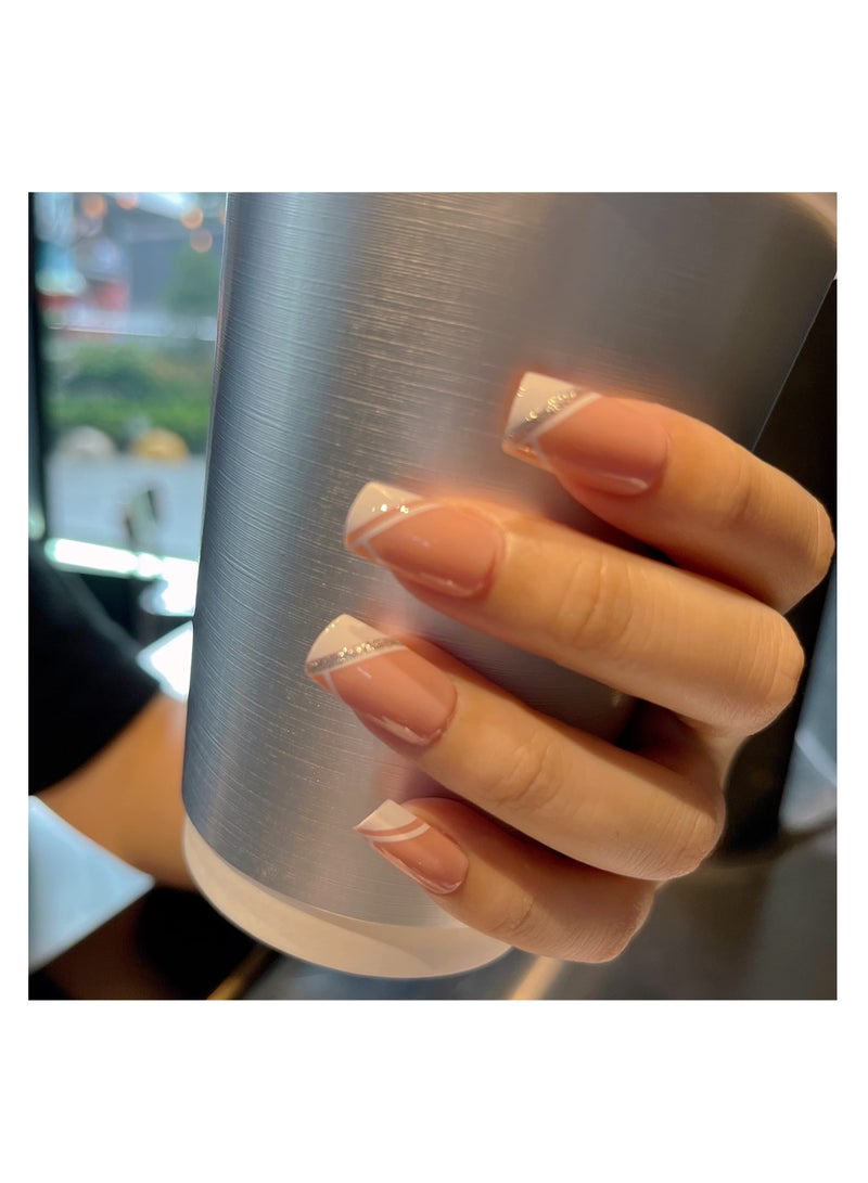 SYOSI Press on Nails, 24 Pcs Short French Pink Square Glossy False Nails Full Cover Sticks on Nails Medium Acrylic Nails Art Tips Salon Nude Manicure for Women - Image 3