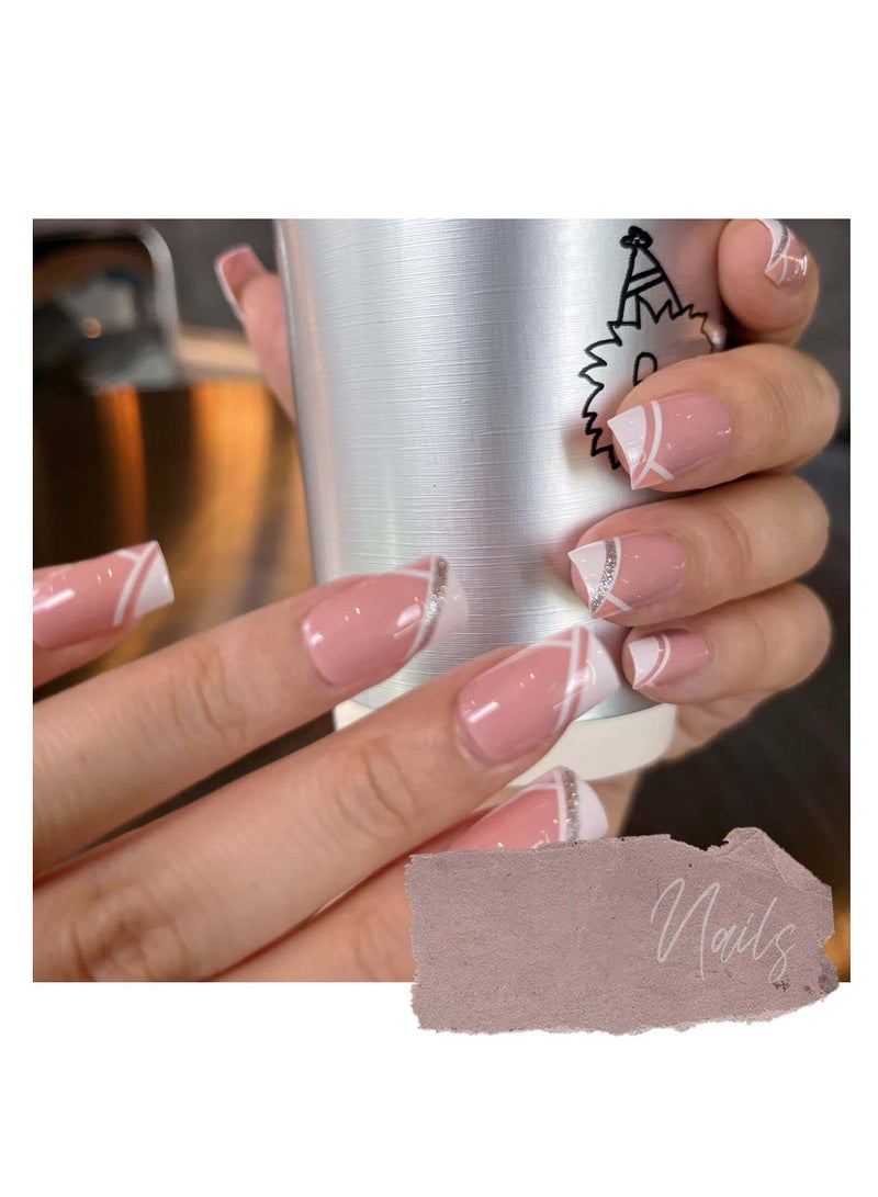 SYOSI Press on Nails, 24 Pcs Short French Pink Square Glossy False Nails Full Cover Sticks on Nails Medium Acrylic Nails Art Tips Salon Nude Manicure for Women - Image 4