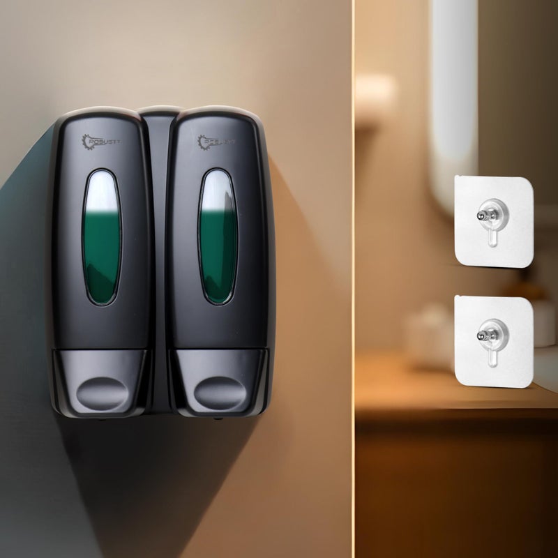 ROBUSTT موزع سائل الصابون الجدارى القوي والمتعدد الاستخدامات - سعة 2 × 350 مل - مع خطافات لاصقة | تصميم موفر للمساحة للحمام، المطبخ، الفنادق، المراكز التجارية | تركيب سهل (عبوة من 1) - Image 1