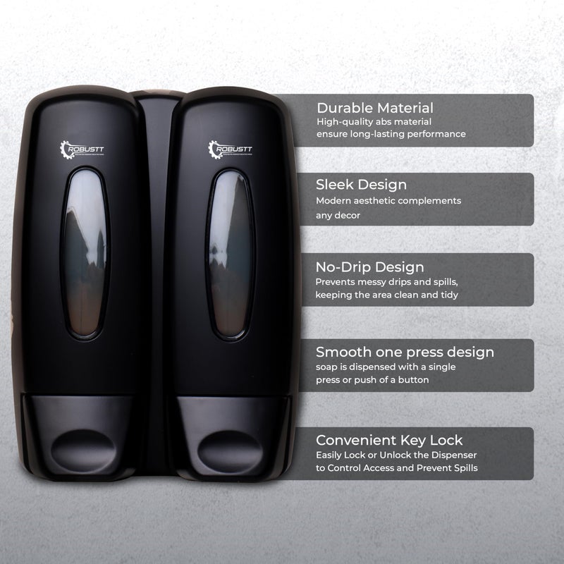 ROBUSTT موزع سائل الصابون الجدارى القوي والمتعدد الاستخدامات - سعة 2 × 350 مل - مع خطافات لاصقة | تصميم موفر للمساحة للحمام، المطبخ، الفنادق، المراكز التجارية | تركيب سهل (عبوة من 1) - Image 2