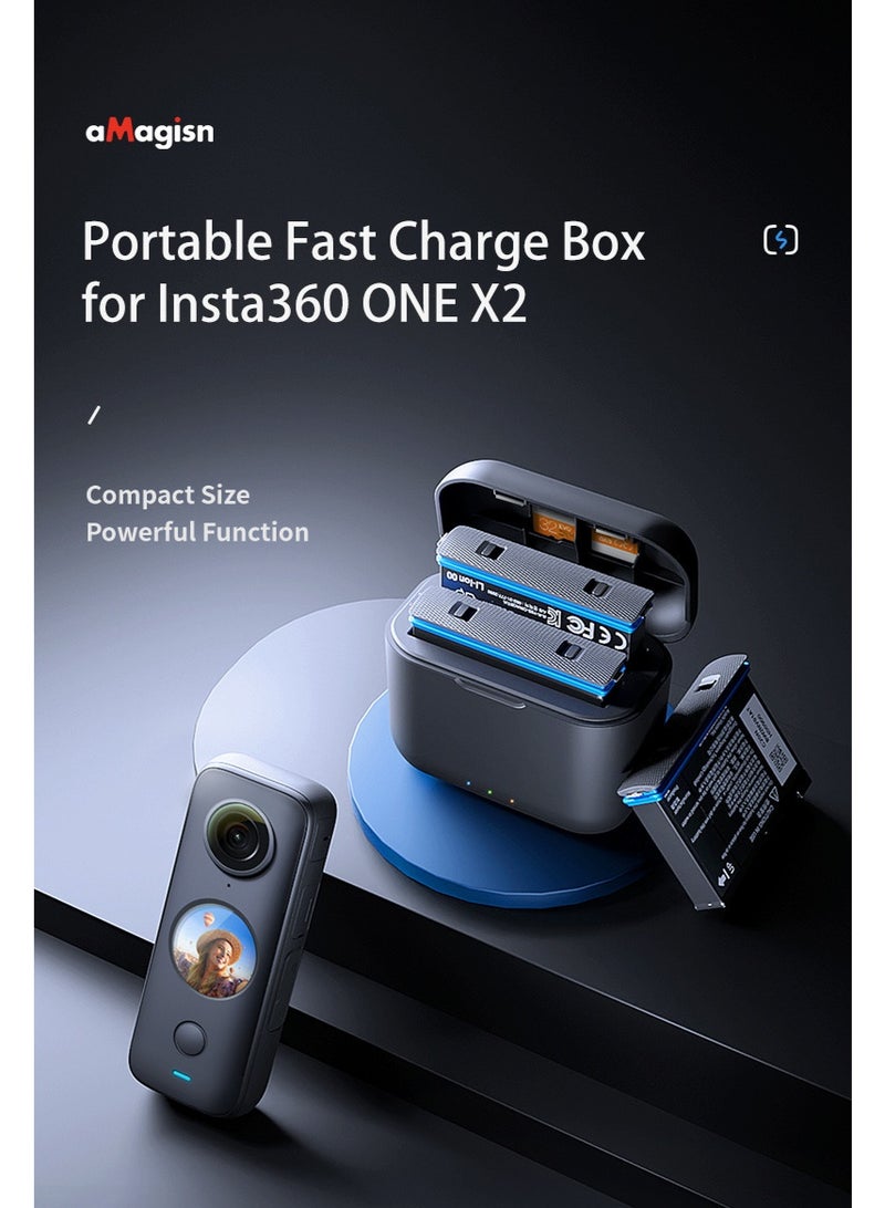 aMagisn Fast Charging Battery Case for Insta360 ONE X2 – Type-C Charger Box with PD3.0 Support, Smart Priority Charging, Storage for Batteries & MicroSD Cards  - Image 2