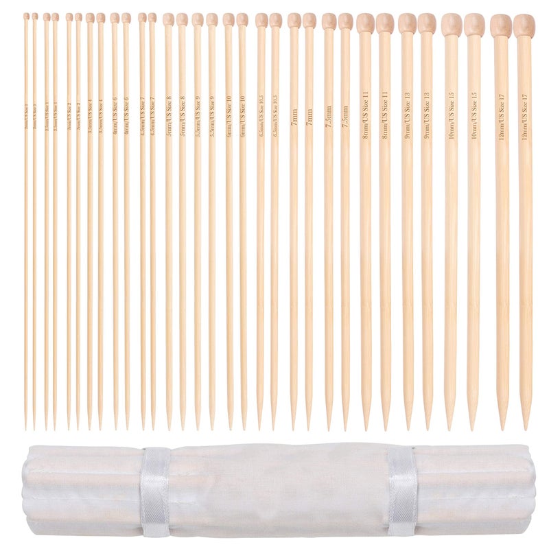 Curtzy Bamboo Knitting Needle Set 16 Pairs of Wooden Straight Knitting Needles with Storage Case Single Pointed in Sizes 2mm 12mm Each Needle Measures 34cm135 inches Beginners to Experts