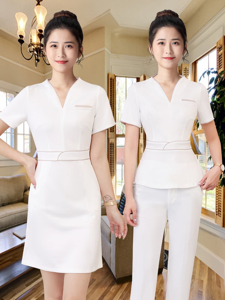 Beauty Salon Technician Black And White High-Elastic Work Clothes Women'S Fashionable Elegant Foot Massage Shop Mid-Sleeve Pants Suit - Image 2