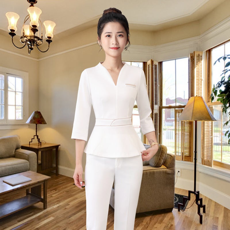 Beauty Salon Technician Black And White High-Elastic Work Clothes Women'S Fashionable Elegant Foot Massage Shop Mid-Sleeve Pants Suit - Image 1