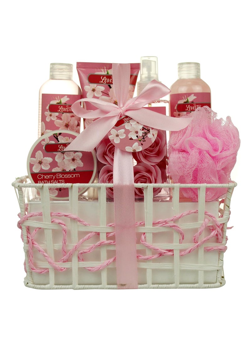 Lovestee Spa Bath and Body  Spa Gift Baskets for Women  Girls Cherry Fragrance Spa Birthday Gift Includes Loofah Sponge Bath Salt Body Lotion Soap Rose Body Mist Shower Gel Bubble Bath 