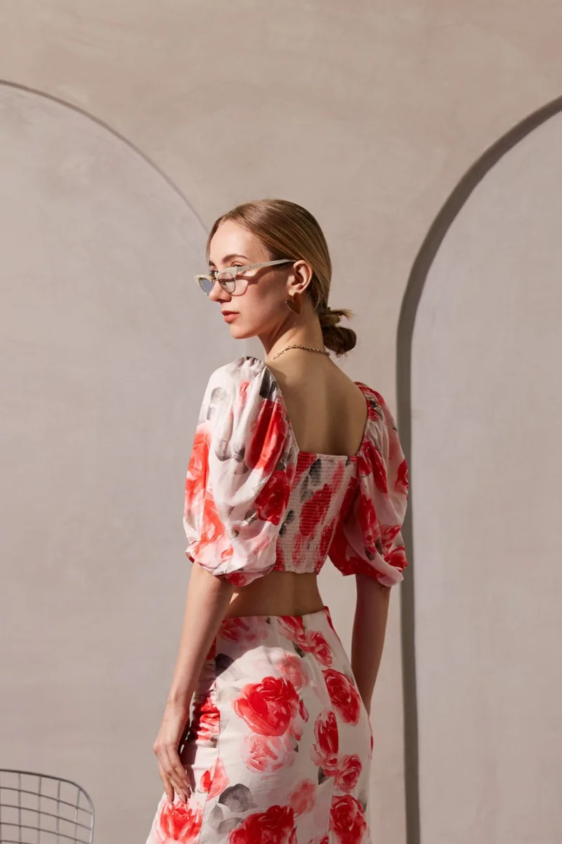 فيرجيو Viscose Floral Party Wear Front Knotted Tops for Women