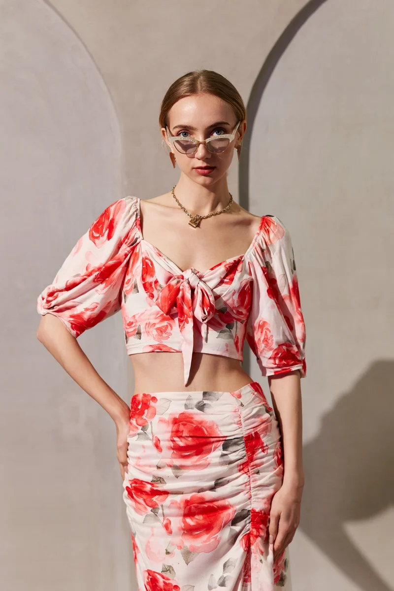 فيرجيو بلوزات نسائية بحزام أمامي بنقشة الزهور من الفيسكوز لحفلات المساء