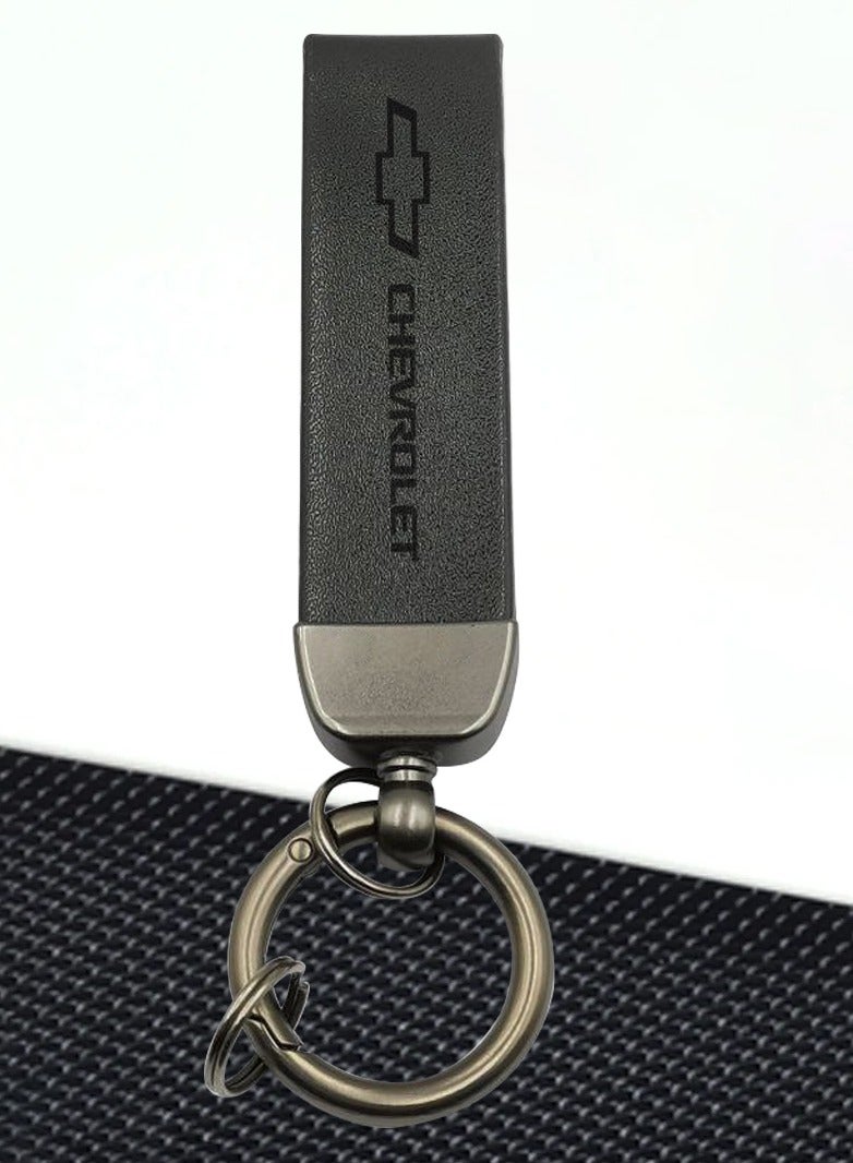 Chevrolet Chevrolet PU Leather Strap Keychain Super Finish Metal Ring Car Key Chain - BLACK  - Image 1