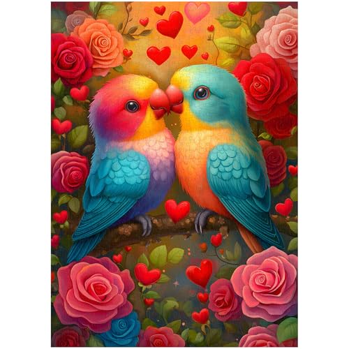 Larkipuzz Sweet Birds Puzzles for Adults 1000 Pieces Colorful Cute Animals Jigsaw Puzzles Rose Flower Hearts Unique Impossible Valentines Day Theme as Art Decor - Image 5