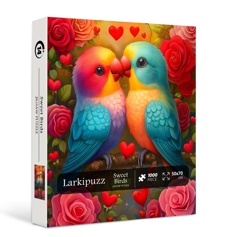 Larkipuzz Sweet Birds Puzzles for Adults 1000 Pieces Colorful Cute Animals Jigsaw Puzzles Rose Flower Hearts Unique Impossible Valentines Day Theme as Art Decor - Image 3