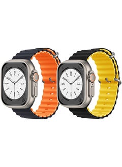 Silicone Ocean Band Strap for Apple Watch Ultra 8 49mm Black/Orange2 Double Side Strap with Black/Yellow Double Side Strap Set of 2