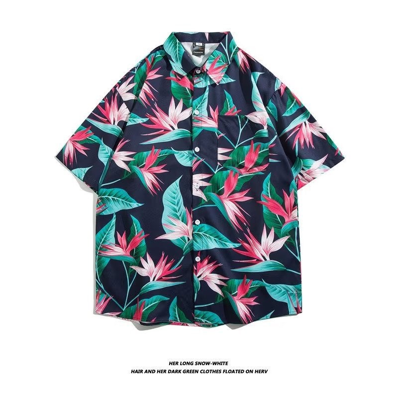 Short-Sleeved Shirt Hawaiian Retro Pu Shuai Hong Kong Style Japanese Style Trendy Loose Casual Beach Holiday Style Couple'S Top - Image 1