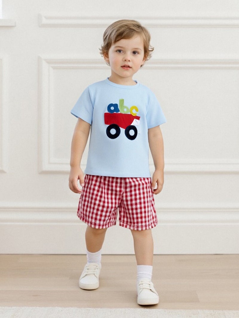 Kids Boys Shorts Set, Short Sleeve Embroidery Bus Letters T-shirt with Plaid Shorts Toddler Set Summer Outfit - Image 3