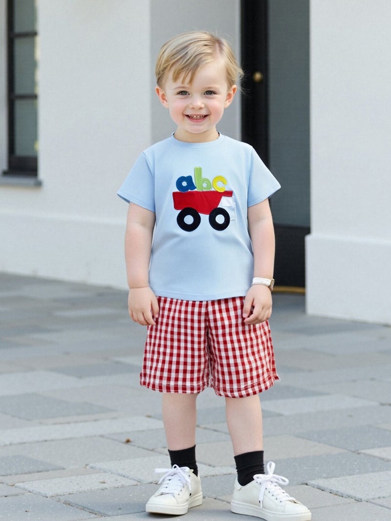 Kids Boys Shorts Set, Short Sleeve Embroidery Bus Letters T-shirt with Plaid Shorts Toddler Set Summer Outfit - Image 2